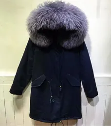 2019 Luxury grey raccoon fur trim parka women fur coats Meifeng brand grey rabbit fur lining navy blue long parkas