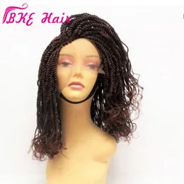 Short Brown twist wigs with curly tips synthetic lace front wigs natural braided box braids heat resistant hair wigs