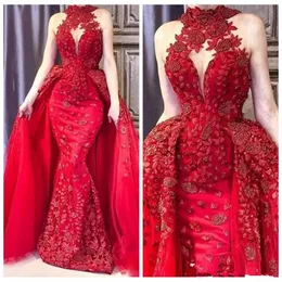 Dubai röd sjöjungfrun kvällsklänningar hög nacke lace applique pärlor damer prom klänningar plus storlek fest klänning anpassade kläder de soirée