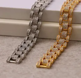 15mm Width 18K Gold Plated Diamonds Cuban Link Bracelets 22.5cm Mens Alloy Bracelet Hip Hop Bracelet For Men