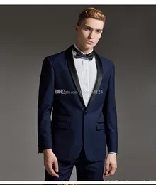 Handsome One Button Blue Wedding Groom Tuxedos Sjal Lapel Groomsmen Män Passar Prom Blazer (Jacka + Byxor + Tie) No: 1881