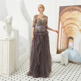 2020 Yeni Moda 1/2 Kol Aplikler Balo Parti Gowns ile Tül Düğmeler Kat-Uzunluk Artı boyutu Örgün Akşam Ünlü Elbise BE77