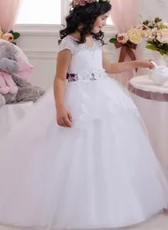 Abiti eleganti da ragazza di fiori Abito in tulle soffice con applicazioni di pizzo per spettacoli di nozze Abiti da ballo per la prima comunione dei bambini