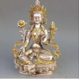 Tibet Silver Copper Gilt Tibetansk Buddhism Staty Vit Tara Buddha