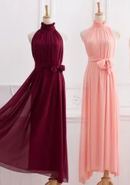 2019 높은 목 A 라인 긴 시폰 신부 들러리 드레스 바닥 길이 들러리 드레스 공식 드레스 슈시로 만든 Pleated Bodice 가운 사용자 정의