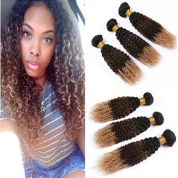 #1B 4 27 Ombre Kinky Curly Brazilian Human Hair Weave Bundles Honey Blonde Dark Roots Virgin Hair Extensions Kinky Curly Three Tone