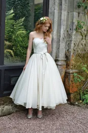 2019 Nuovi abiti da sposa corti vintage alla caviglia in pizzo organza A-Line Sweetheart abiti da sposa vintage anni '50 con fascia su misura