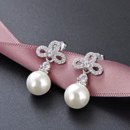 fashion luxury classic designer diamond zircon flower pearl pendant S925 sterling silver stud earrings for woman