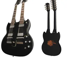 Relic Black 12 & 6 Strings Slash 1275 Double Neck SG Electric Guitar Split Parallelogram Inlay