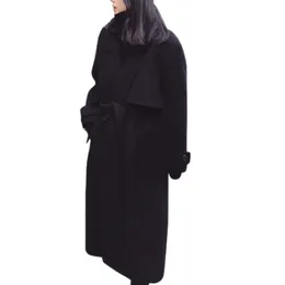 Fashion Solid Black Long Sleeve Sashes Lapel Double-Sided Woolen Outwear Women Autumn Winter Warm Jacket Temperament Coat Female