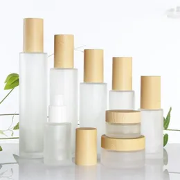 30ml 40ml 60ml 80ml 100ml Frosted Glass Cosmetic Jar Bottle Face Cream Pot Lotion Spray Pump Bottles with Plastic Imitation Bamboo Lids