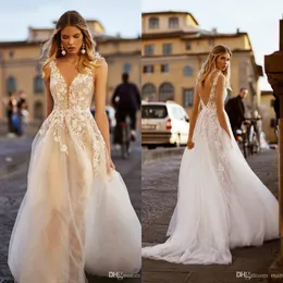 Chic 2020 Wedding Dresses With Cape Lace Appliqued Beach Boho V Neck Tulle Illusion Bridal Gowns Vestido De Novia