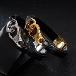 Free ship XMAS Gifts Fashion jewelry Black leather 316L Stainless Steel Silver / GOLD Shape of handcuffs ID Bracelet mens bangle