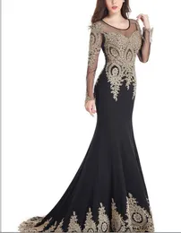 Sheer Illusion Long Sleeves 2023 Luxury Black Gold Mermaid Evening Dresses Beading Crystal Lace Embroidry Evening Gowns Prom Vestidos 788