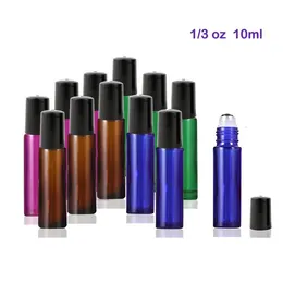 Botellas roll-on de vidrio de alta calidad de 10 ml con bolas de rodillo de acero inoxidable para aceites esenciales ámbar (púrpura)