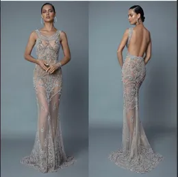 2019 Berta Evening Formal Dresses Major Beading Mermaid Prom Dress Scoop Neck Floor Length Backless Red Carpet Party Gowns