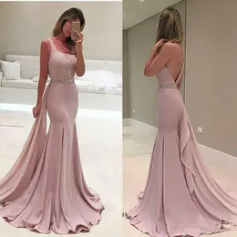 Tanie proste Dusty Pink Satin Mermaid Prom Dresses 2020 Paski Długość Długość Formalna Suknie Vestidos de Fiesta Suknie Wieczór