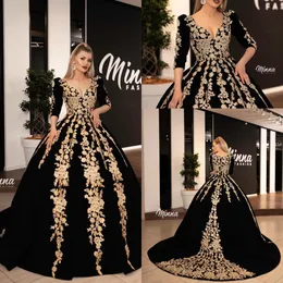 Elegant Black Ball Gown Prom Dresses Beaded V-Neck Velvet Floor Length Formal Dress Evening Wear Gowns Vestido De Festa Abendkleider