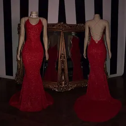 Röda Sequined Prom Dresses 2019 Criss Cross Backless New Reflective African Evening Party Vestidos Lång