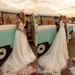 Boho 2020 Wedding Dresses V Neck Lace Appliqued Tulle Bridal Gown Bohemian Country A Line Wedding Dress Robes De Mariée