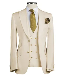 Beige Groom Tuxedos Peak Lapel Groomsmen Mens Bröllopsklänning Utmärkt Man Jacka Blazer 3 Piece Suit Custom Made (Jacka + Byxor + Vest + Tie) 686