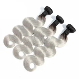 Indian Virgin Hair 1B Gray 3 Bunds Body Wave Human Hair Double Wefts 1B/Gray 12-24 tum hårförlängningar Tre stycken