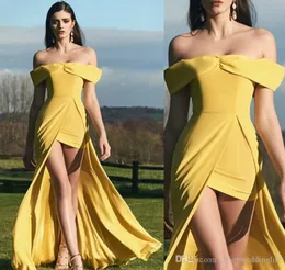 Gelbe sexy erstaunliche formale Abschlussballkleider von den Schultern mit hoher Split Mini Länge kurze Partykleider billige Frauen Casual Kleider maßgeschneidert gemacht