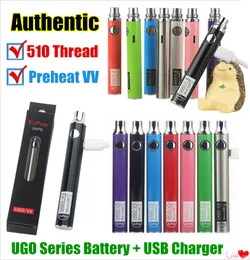 Autêntico evod vv twist ego 510 bateria ugo-v ii 2 vape caneta ugo v3 tensão variável pré-aquecimento kits de bateria micro USB Ecigs de bateria de repasse