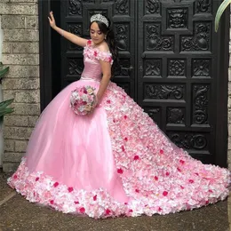 Wspaniały 3d Kwiatowy Sweet 16 Balowa Suknia Quinceanera Suknie Off Ramka Różowa Vestido DE 15 ANOS