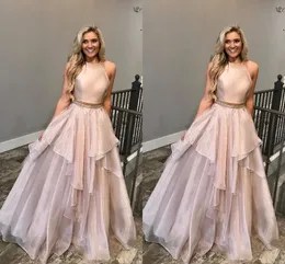 Blush Saia Cansado Rosa Formal Vestidos de Baile 2 Peças Jewel Organza Frisado Vestido Formal vestidos de fiesta Vestidos de Noite 2019