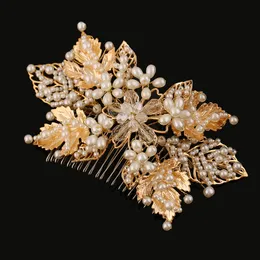 Partihandel-Leaf Pearl Hair Comb Bridal Smycken Handgjorda Bröllop Tillbehör Hår Ornament Vintage Women Headwear G399