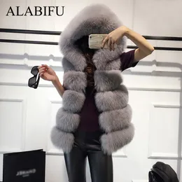 Alabifufauxの毛皮のコートの女性2019カジュアルなパーカー暖かいスリムなノースリーブのファックスフォックスファーベストウィンタージャケットコート女性カザコフェミニノCJ191214