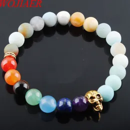WOJIAER 8mm Amazonite Stone Round Beads Ghost Head Strands Bracelets 7 Chakra Healing Mala Meditation Prayer Yoga Women Jewelry K323