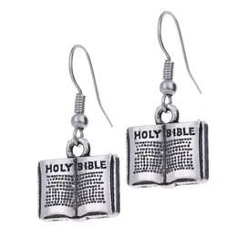 Antique Silver Holy Bible Book Shaped Charm Women Religious Jewelry Earrings