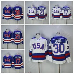 1980 USA Ice Hockey College 30 Jim Craig Jersey Men Vintage 21 Mike Eruzione 17 Jack Ocallahan Blue White Away Home All Ed