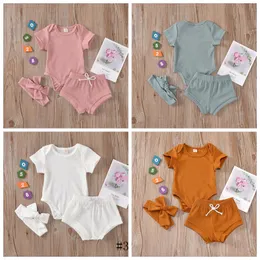 Kids Clothes Baby Solid Cotton Clothing Sets Boys Girls Summer Short Sleeve Top Shorts Headband Suits Children Casual T Shirt Pants YP873