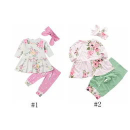 Roupas de bebê Meninas Floral Impresso Roupas Sets Kids Ruffle Top Dot Calças Headband Suits Child Manga Longa Equipamento Quente Terno PY481