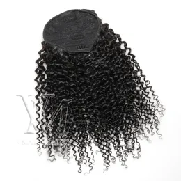 ブラジルの12〜26インチ120g人間の髪はもつれないシェディンなし処理されていないドローストリングポニーテールナチュラルブラック3Aカーリー織り弾性バンドタイ