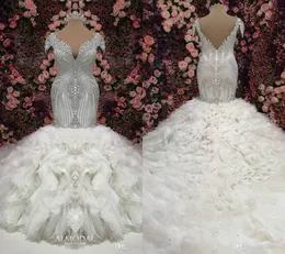 2019 Plus Size Wedding Dresses Beads Crystal Lace Tiered Skirts Court Train Cap Sleeves Mermaid Wedding Dress African Bridal Gowns
