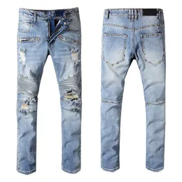 Fashion-Bal Ripped Skinny Mens Jeans Vintage Holes Long Mid Midist Mens Penna Byxor Fashion Light Blue Man Byxor