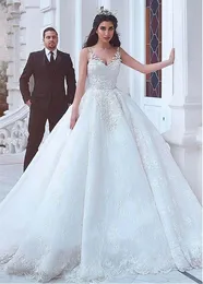 2022 Alluring Saudi Arabic African Ball Gown Wedding Dresses Empire Waist Lace Applique Beaded Spaghetti V-neck Open Back Bridal Vestidos