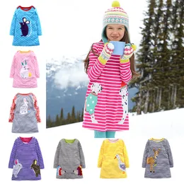 Höstflickor Långärmad kjol Stripe Polka Dot Cartoon Deer Kanin Broderade Appliqued Princess Dresses For Kids Boutique Kläder M451