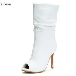 Rontic Yeni Varış Kadın Yaz Çizmeler Şık Ince Yüksek Topuklu Bayan Çizmeler Charm Peep Toe Beyaz Rahat Ayakkabılar Kadın ABD Boyutu 4-15