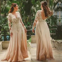 Dama de honra Blush Rosa Vestidos Chiffon V Neck Mangas Compridas Lace Applique Sexy Backless Custom Made Até O Chão Maxi Dama de Honra Vestido