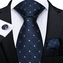 Fast Shipping Tie Set Fashion Blue White Check Dot Men's Silk Jacquard Woven Necktie Pocket Square Cufflinks Wedding Business N-7217