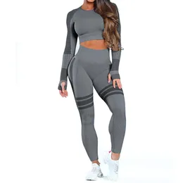 2st sömlös grödor yoga uppsättning gym push up höft leggings toppar kvinnor Activewear träning långärmad fitness sportkläder set