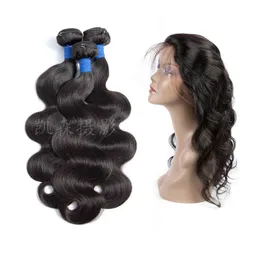Brazilian Virgin Hair 3 Bundles With 360 Lace Frontal Body Wave Bundles With Frontal Free Part Natural Color