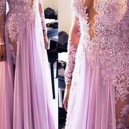 Sexy Arabic Long Sleeves Split Chiffon Pink Evening Dresses Wear Jewel Neck Illusion Lace Appliques Crystal Formal Prom Gowns Party Dress