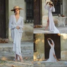 Cheap Illusion Chiffon Women Bath Robes V-neck Long Sleeves Ruched Custom Made Bridal Robe Sweep Train Sleepwear