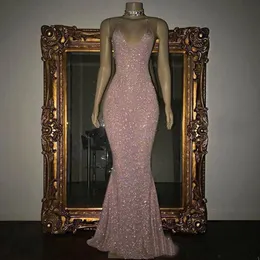 Stunning Rose Pink Sequined 2022 Prom Dresses Sexy Spaghetti Straps Mermaid Sleeveless Evening Gowns